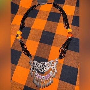 Chic Silver and Black Necklace with Orange Highlights
